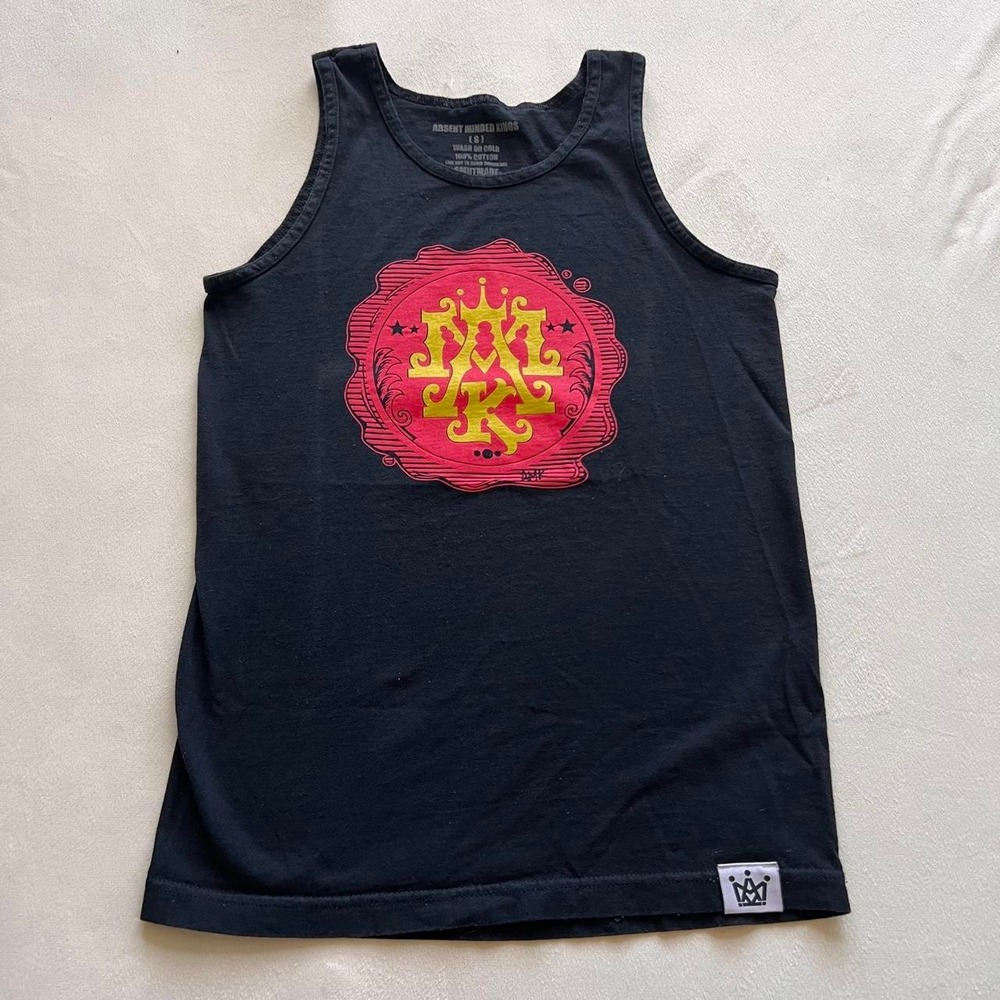 Absent Minded Kings Black Cotton Tank Top with Red and Gold Graphic Stylized